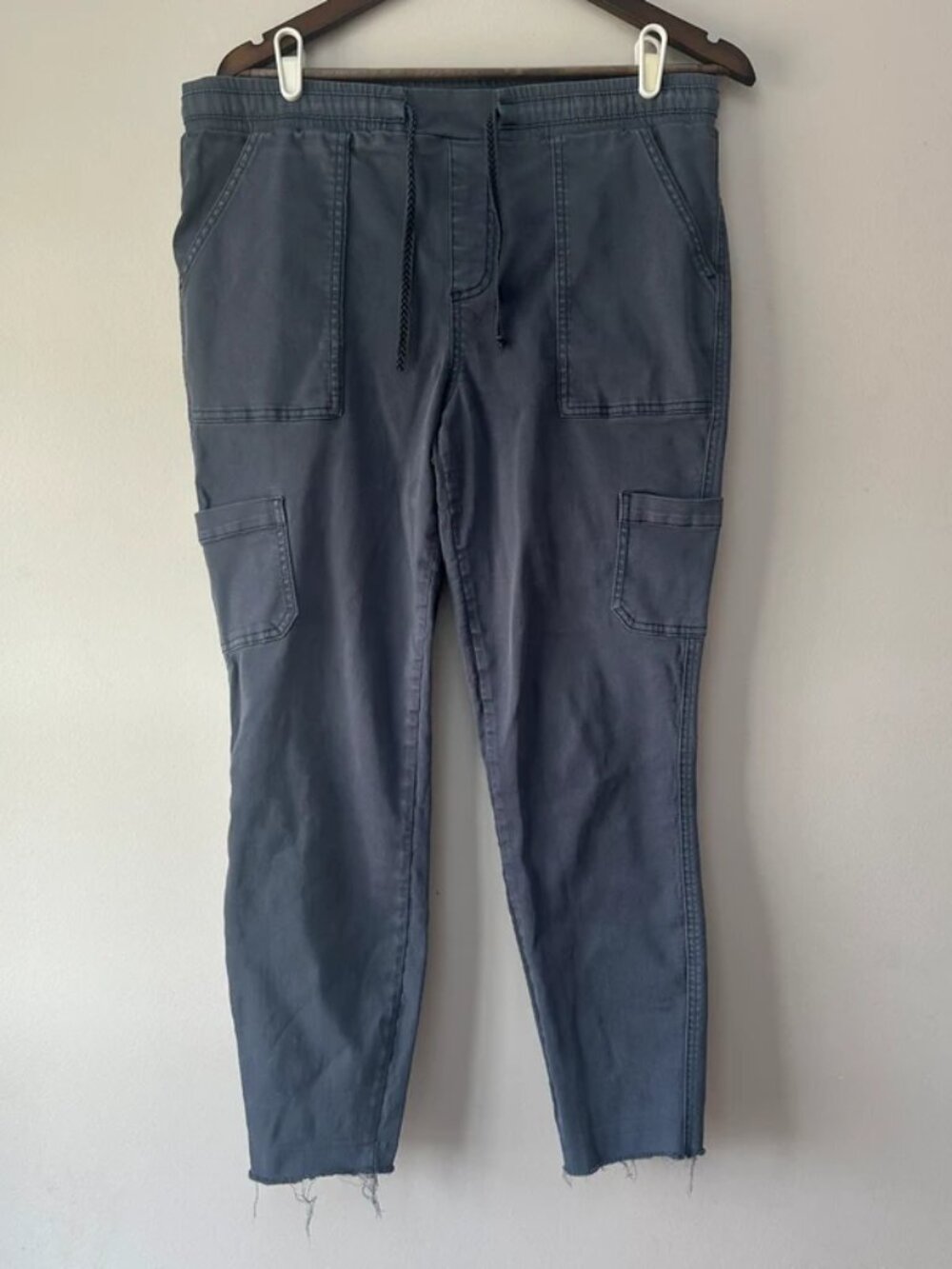 Maurices Women’s Large Blue Gray Cargo Pants Utility Raw Hem Drawstring Casual